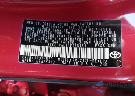 2020 Toyota Corolla Le из США, поврежденный, VIN 5YFEPRAE4LP065461